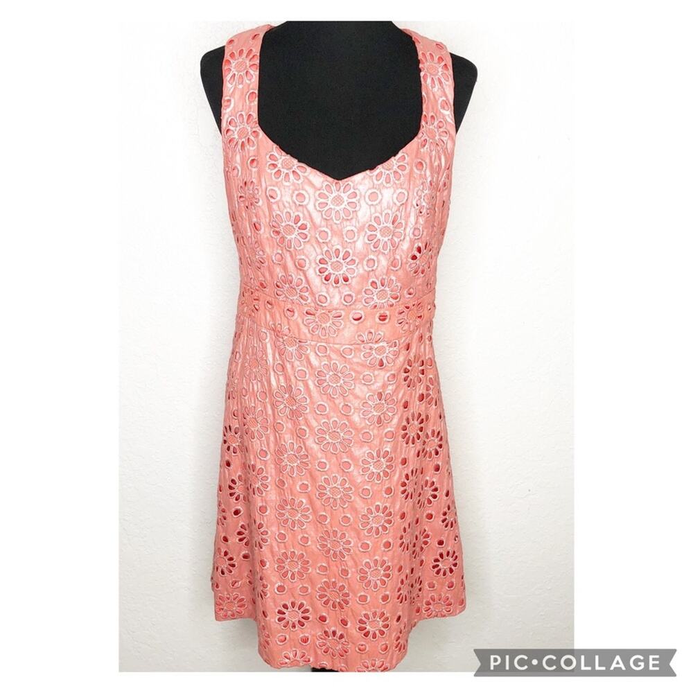 Anthropologie Maeve coral orange silver floral eyelet sleeveless dress size 10